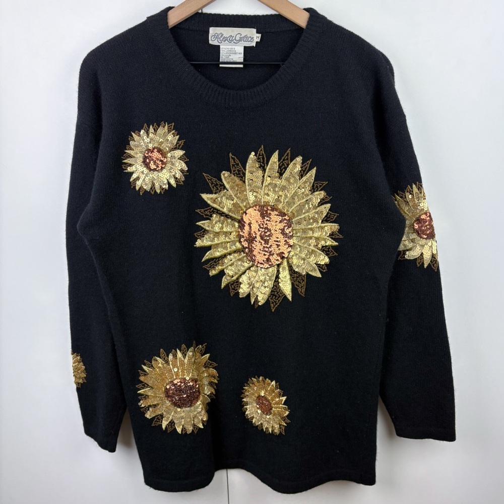 Vintage Sunflower Sequin Embellished Lambswool Angora Rabbit Fur Hair Sweater